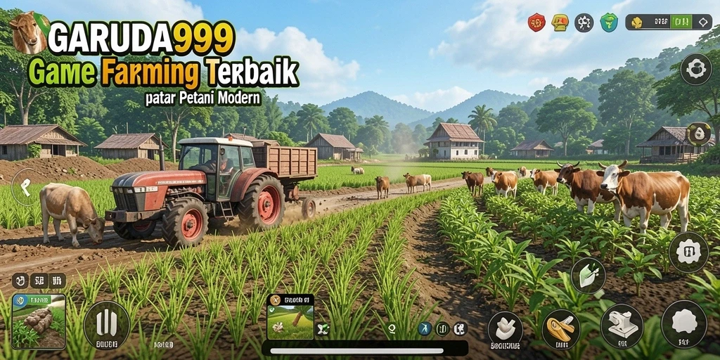 Screenshot dari gameplay GARUDA999 menampilkan pertanian yang subur dan beraneka ragam tanaman.