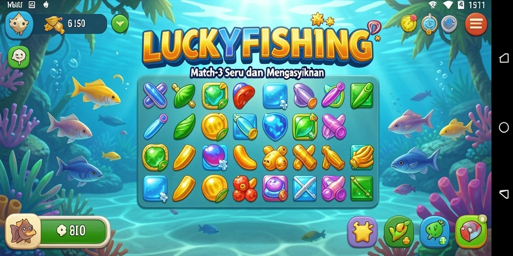 Tampilan gameplay LUCKYFISHING yang seru dan berwarna-warni.