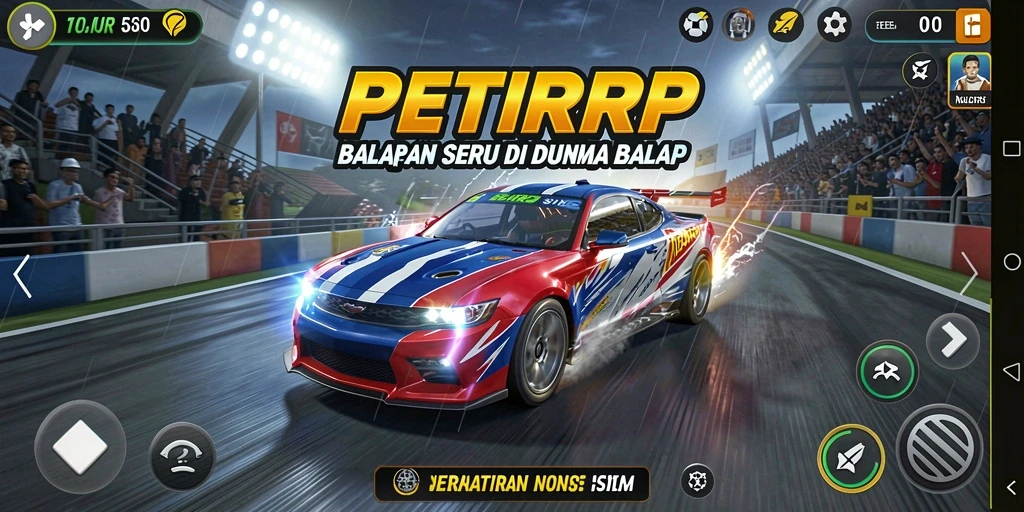 Screenshot gameplay balapan PETIRRP yang penuh aksi dan kecepatan.