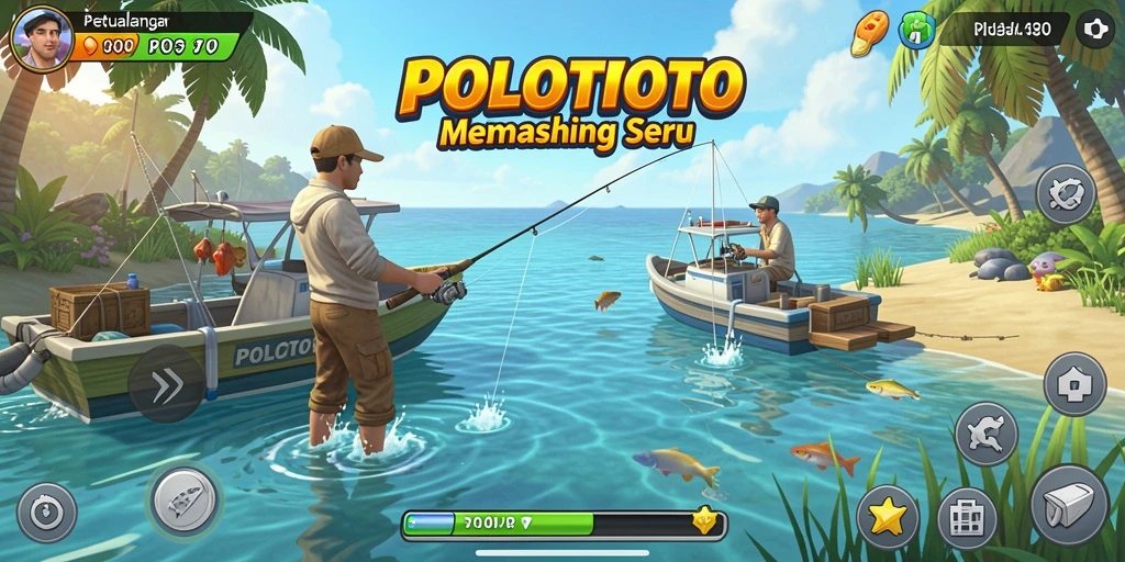 Screenshot gameplay POLOTOTO menampilkan aksi memancing yang seru dan memukau.