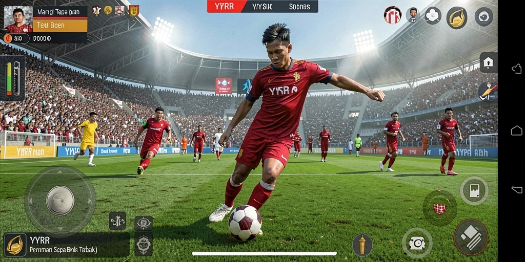 Screenshot gameplay YYRR menunjukkan aksi sepak bola yang mendebarkan.